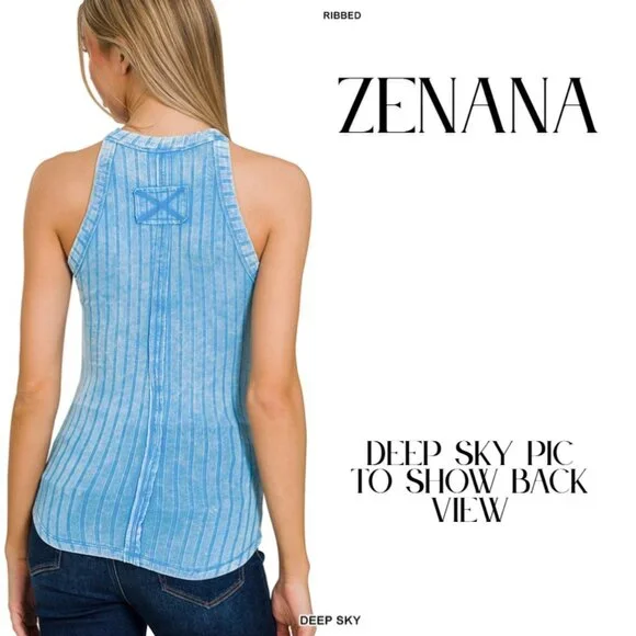 8453 ZENANA Acid Washed Ribbed Halter Tank Top Fuchsia Pink - Picture 2 of 2